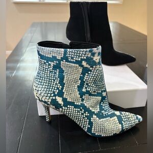 Snake-Print Pointed Toe Ankle Boot in Teal and Cream